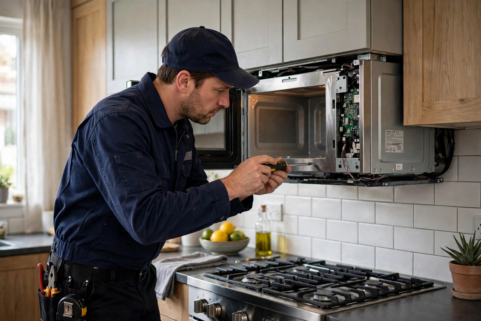 Technician repairing a microwave in Columbia, MD