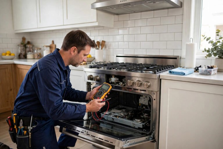 Technician calibrating oven temperature in a Columbia, MD kitchen