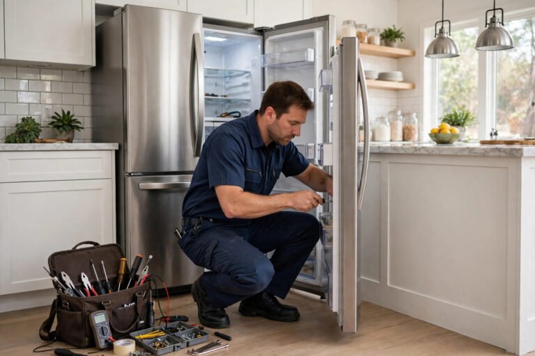 Technician diagnosing a refrigerator not cooling in a Columbia, MD home